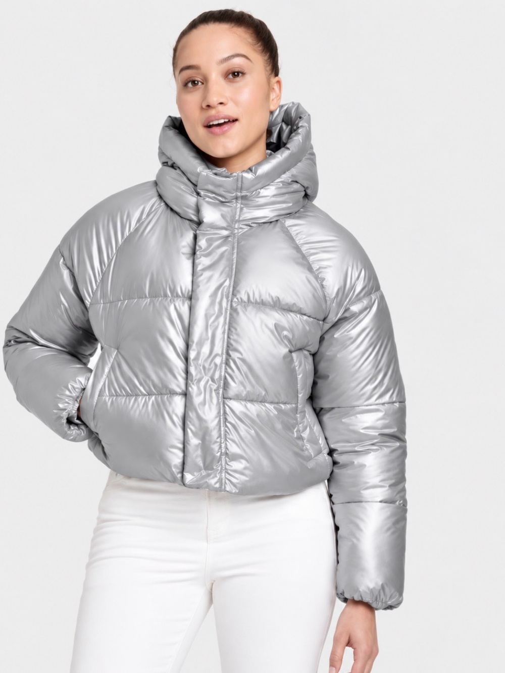 all in motion Silver Metallic Cropped Puffer Jacket with High Collar